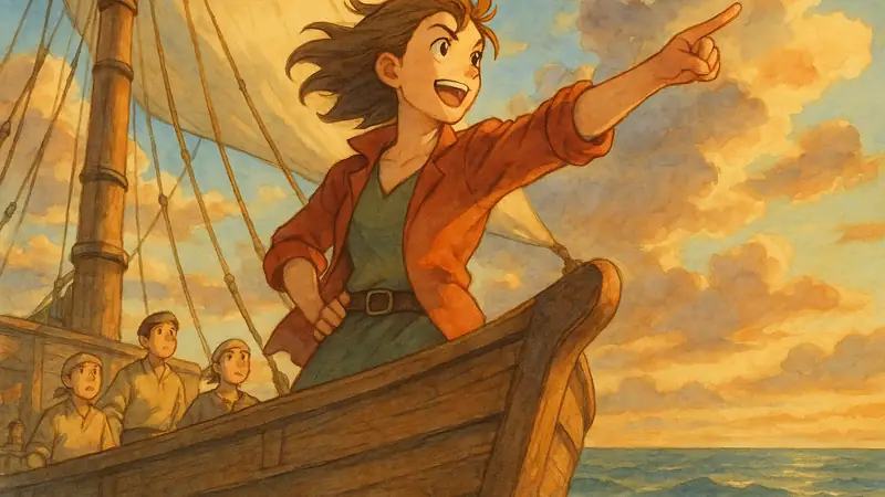 An assertive extrovert standing confidently at the prow of a sailing ship, pointing toward the horizon, hand-painted anime style