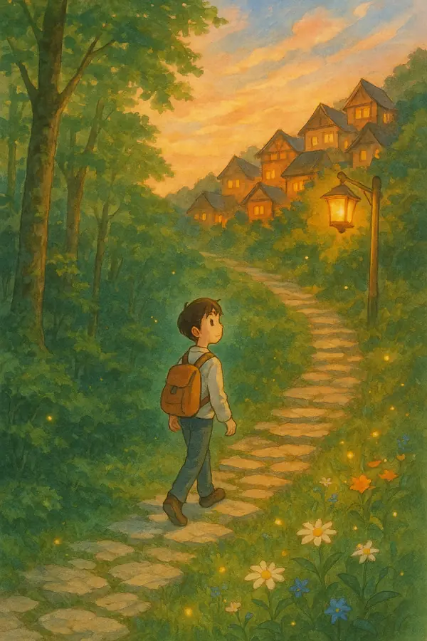 A person walking alone along a winding path between a quiet forest and a bustling village, the introvert-extrovert spectrum as a landscape