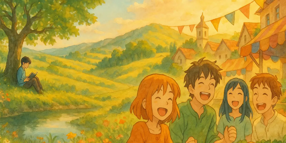 Two scenes side by side in hand-painted anime style: a person reading peacefully under a tree, and another laughing with friends at a sunlit village gathering
