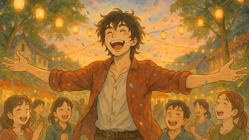 A social extrovert laughing at the centre of a lively village festival surrounded by friends and glowing lanterns, hand-painted anime style