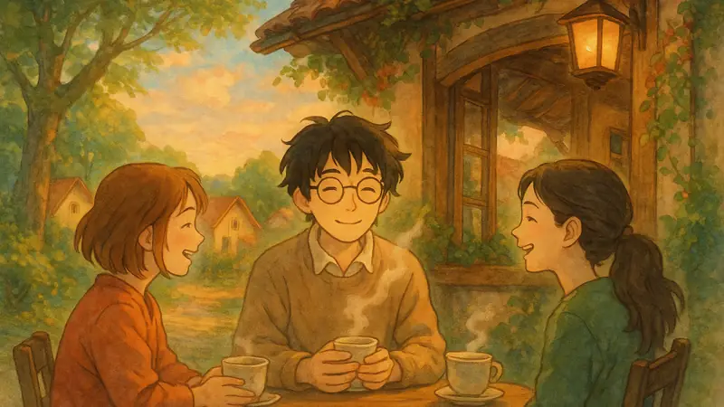 A social introvert enjoying a quiet conversation with two close friends in a warm, intimate cafe