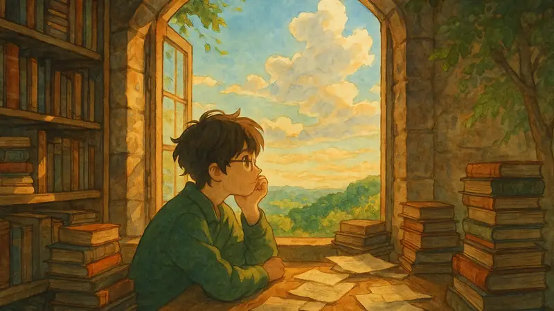 A thinking introvert absorbed in thought at a sunlit desk surrounded by books and notes