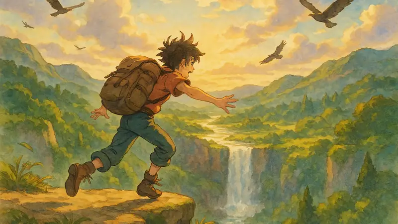 A thrill-seeking extrovert standing at the edge of a cliff overlooking a vast valley, ready for adventure, hand-painted anime style