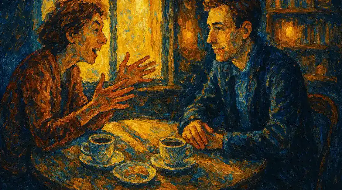 A couple having an animated conversation at a cafe, illustrating how different personality types connect through complementary temperaments