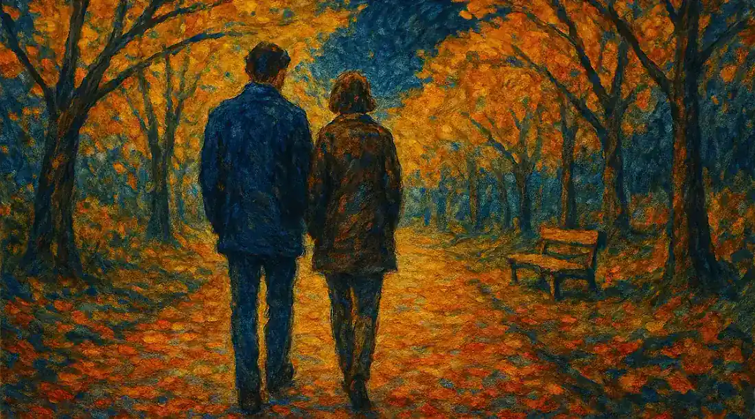 Two people walking together along an autumn path, illustrating that relationship compatibility is built through shared experience over time