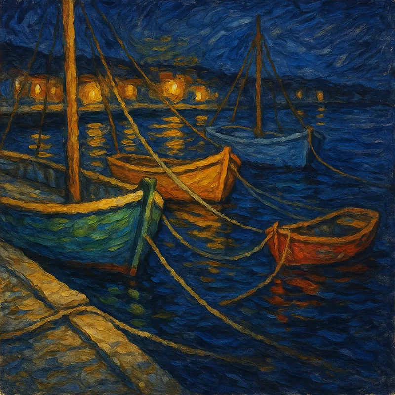 Van Gogh style painting of four boats in a harbour with different rope tensions, representing secure, anxious, avoidant, and fearful attachment styles