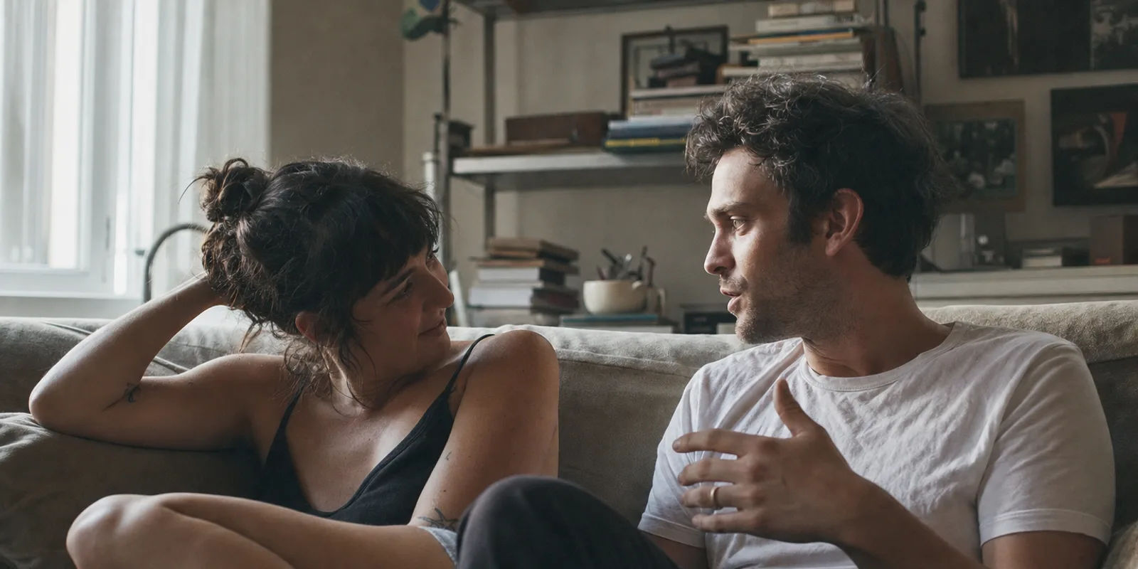 A couple sitting close together on a sofa, mid-conversation, one listening while the other speaks