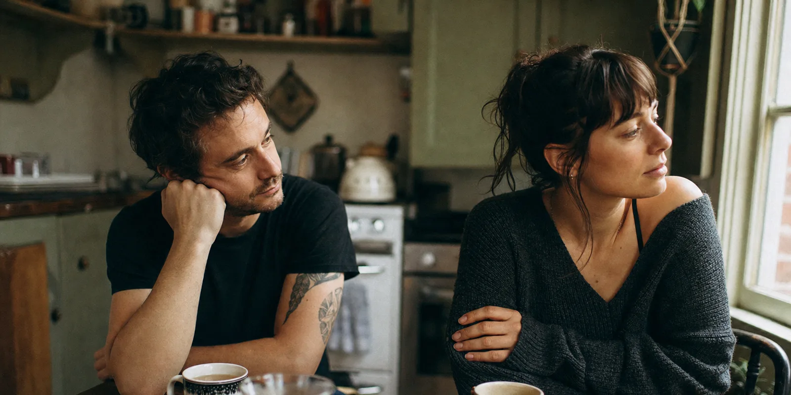 One partner at a kitchen table looking thoughtfully at the other, who is gazing away