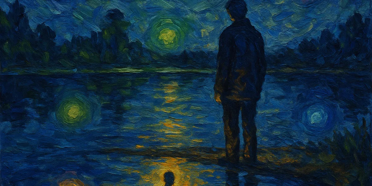 Van Gogh style painting of a figure at a lake's edge with a subtly different reflection, representing body appreciation and self-image