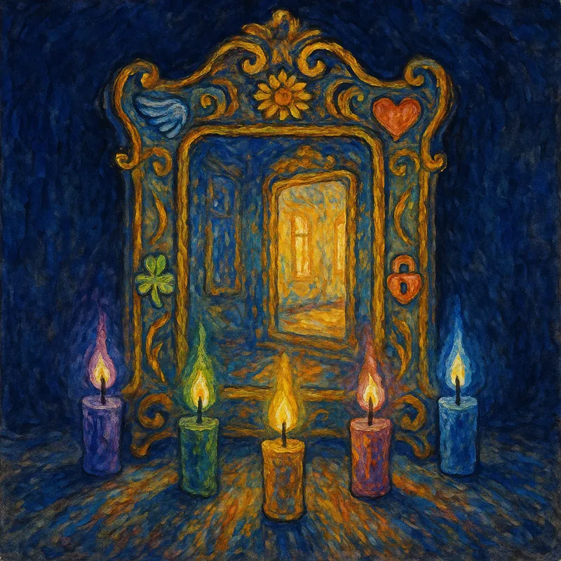 Van Gogh style painting of an ornate antique mirror showing a warmer reflection than reality, representing body appreciation and self-image