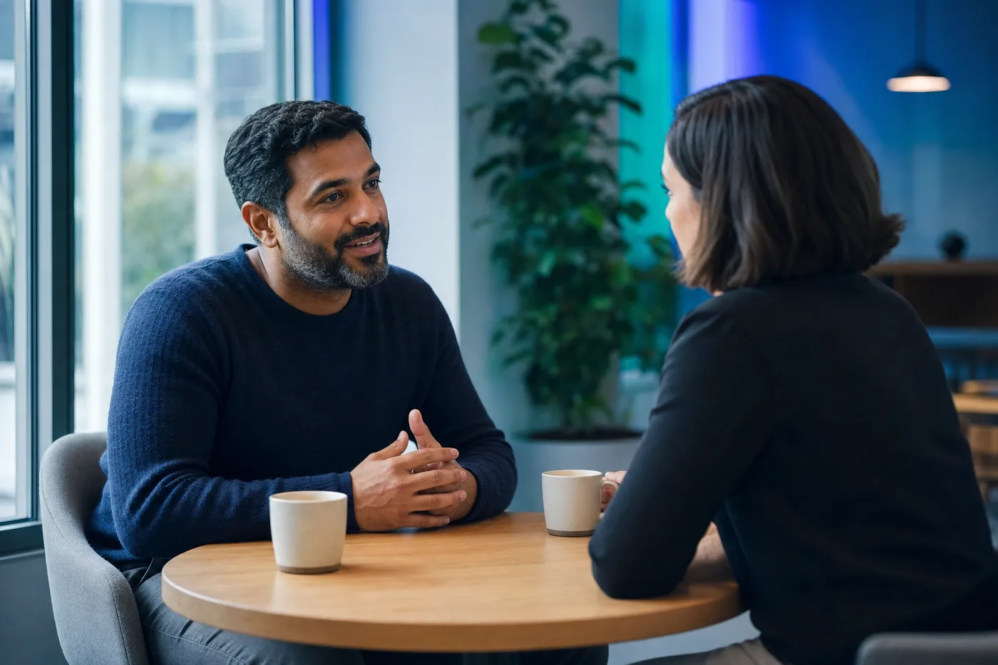 A manager in a relaxed one-to-one conversation with a team member over coffee, listening attentively