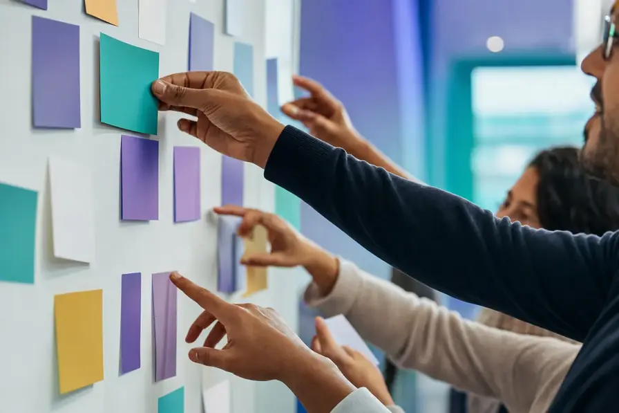 Team members placing coloured notes on a wall while mapping their working styles in a team personality assessment workshop.