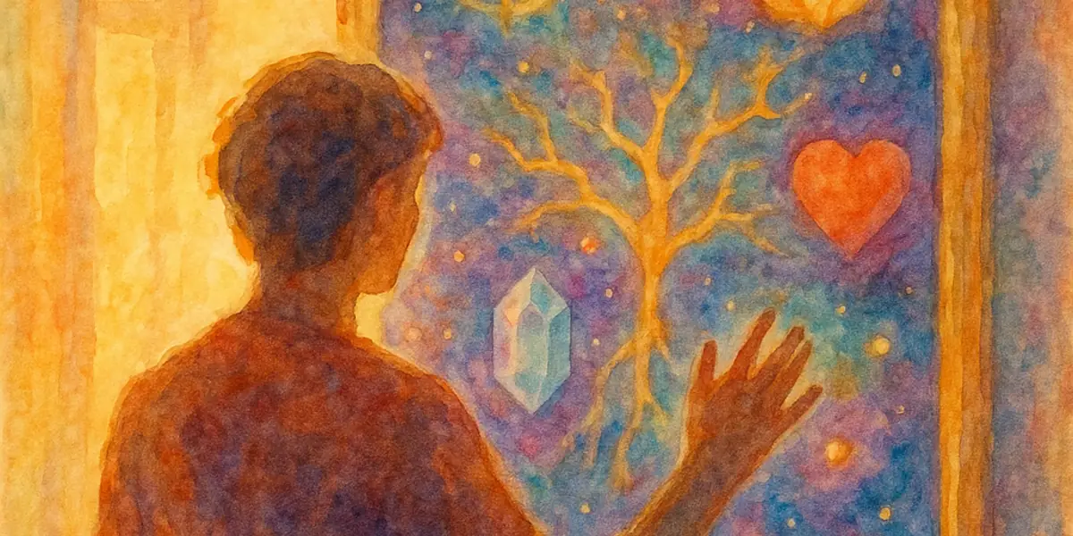 Personality tests — a person gazing into a luminous mirror reflecting their rich inner world of colour and pattern