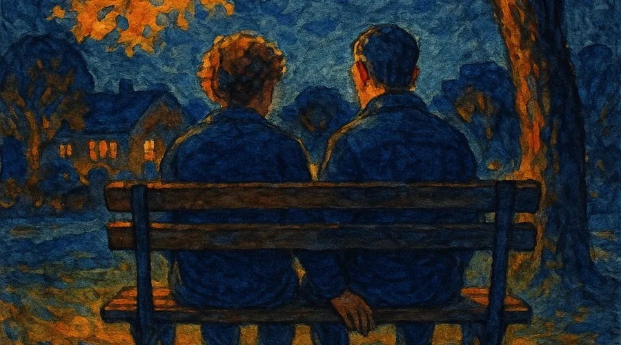 Watercolour painting of two people sitting together on a park bench at golden hour, a dog at their feet, warm amber light filtering through an old tree