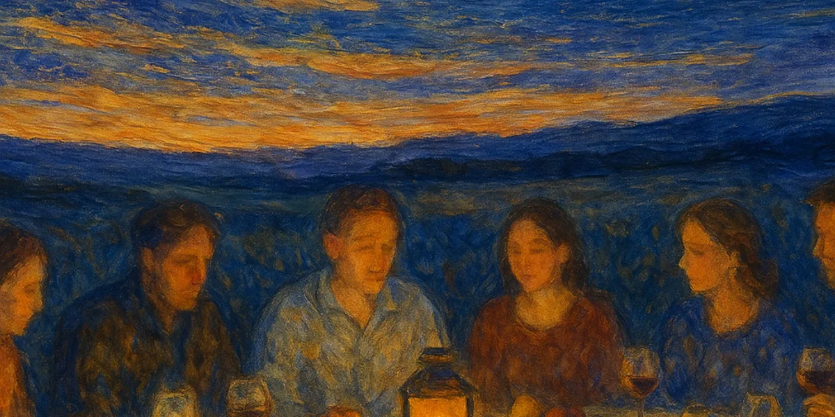 Watercolour painting of people sharing a meal outdoors at dusk, warm lantern light on a long table