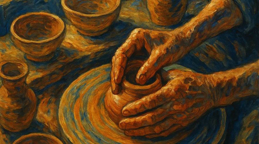 Watercolour painting of a potter's experienced hands shaping wet terracotta clay on a wheel, warm studio light from a window illuminating dust in the air, finished ceramic bowls nearby